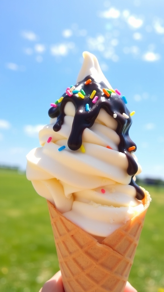 A delicious scoop of vanilla ice cream in a cone with chocolate sauce and sprinkles.
